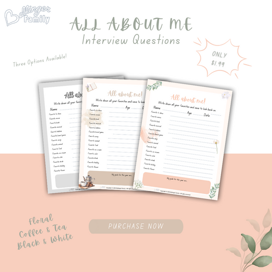 All About Me Interview Questions - Florals & Coffee - Printable